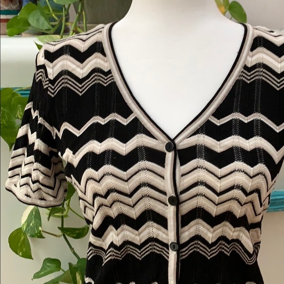 Loft Cardigan, Black and Ivory Patterned Sweater, Short Sleeved Cardigan - Picture 2 of 7
